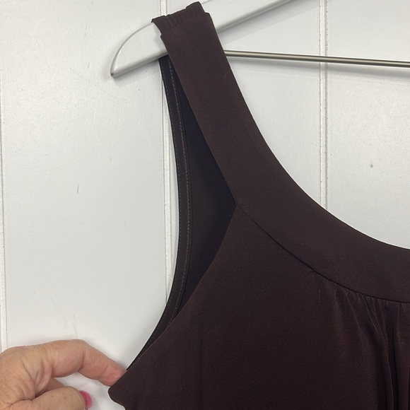 Sangria Womens Midi Dress 12 Chocolate Brown Green Floral Side Zip Ruching Party - Picture 3 of 13